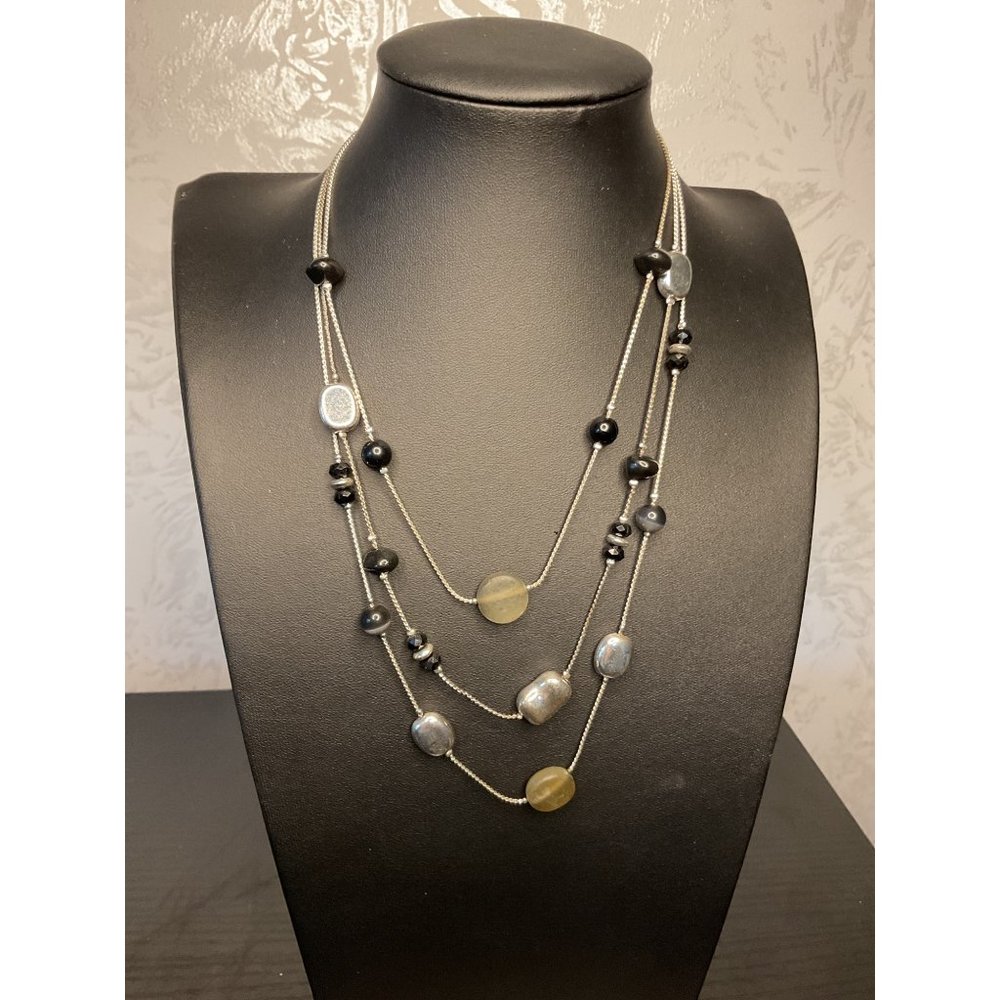 Layered Silver Necklace With Black & Gray Beads Adjustable Lobster Clasp Closure